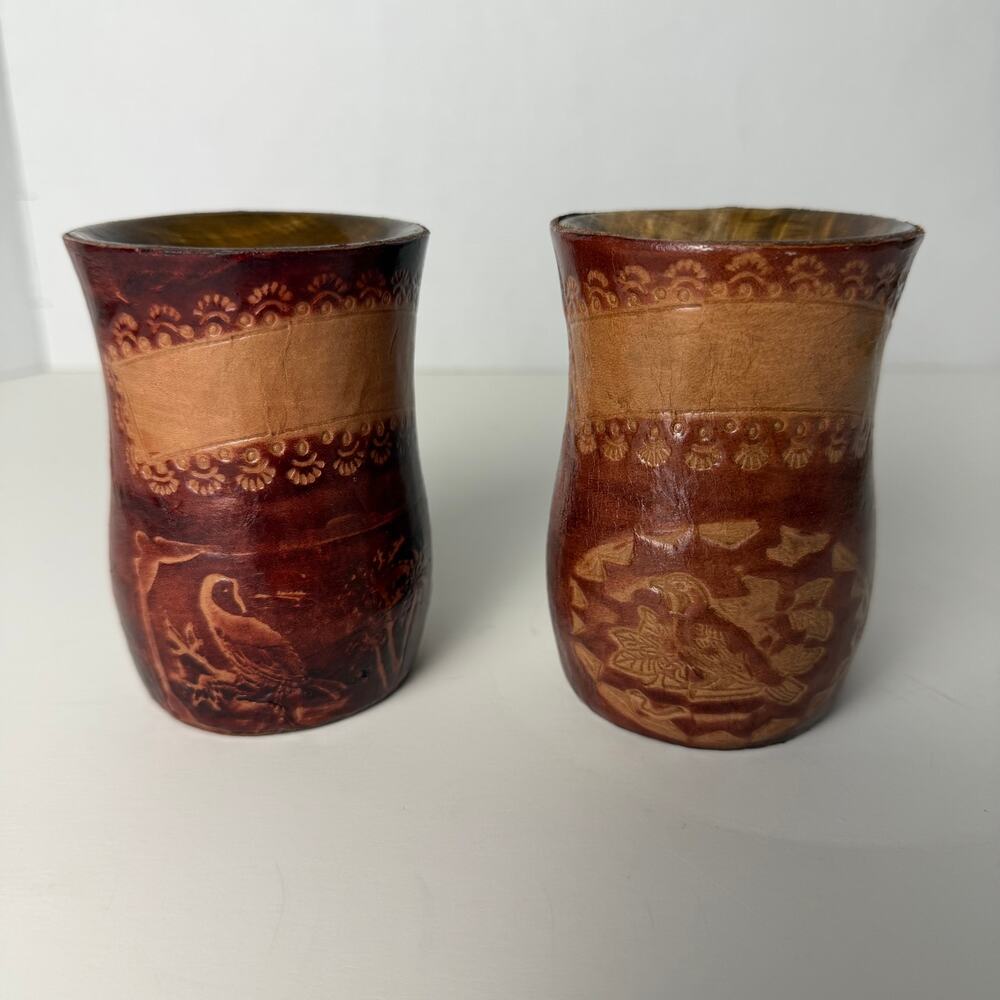 Artisan Hand Tooled Leather Cups Pair Rustic Mexican Folk Art Western Decor